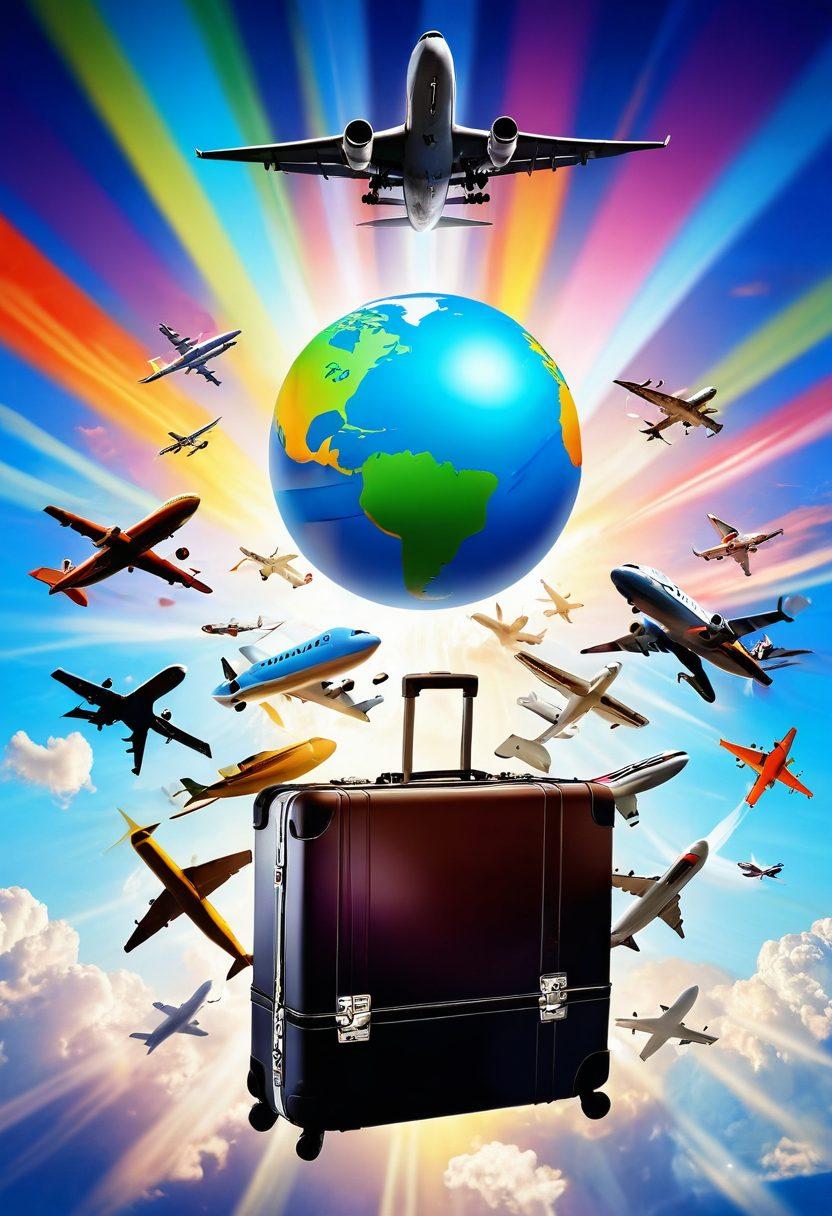 A dynamic collage of a serene sky filled with clouds, colorful airplanes soaring, and a dollar sign hidden among bargain travel icons like a suitcase and a globe. The scene should capture the thrill of air travel combined with the excitement of finding great deals. Incorporate light beams sun rays highlighting the dollar sign to symbolize hidden bargains. vibrant colors. 3D.