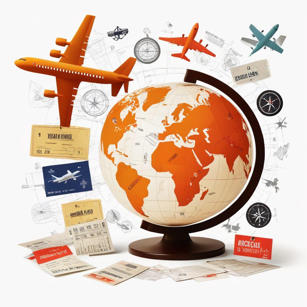 A collage of a globe with airplane silhouettes flying around it, accompanied by price tags showing various flight discounts, and vibrant travel destination images in the background. Include an illustrated compass to symbolize navigation and a calculator to represent budgeting. Emphasize a warm, inviting color palette that conveys a sense of adventure. Vector art. vibrant colors. white background.