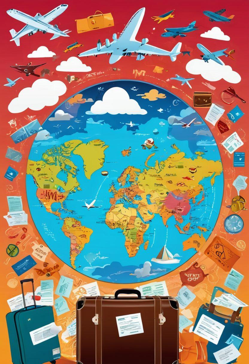 A traveler peering through a magnifying glass at a world map filled with airplane icons and vibrant ticket prices, encircled by cloud motifs and luggage. The scene conveys a sense of adventure and discovery, with hints of hidden savings and travel destinations. Illustrate this in a colorful, whimsical style. bright colors. vector art.